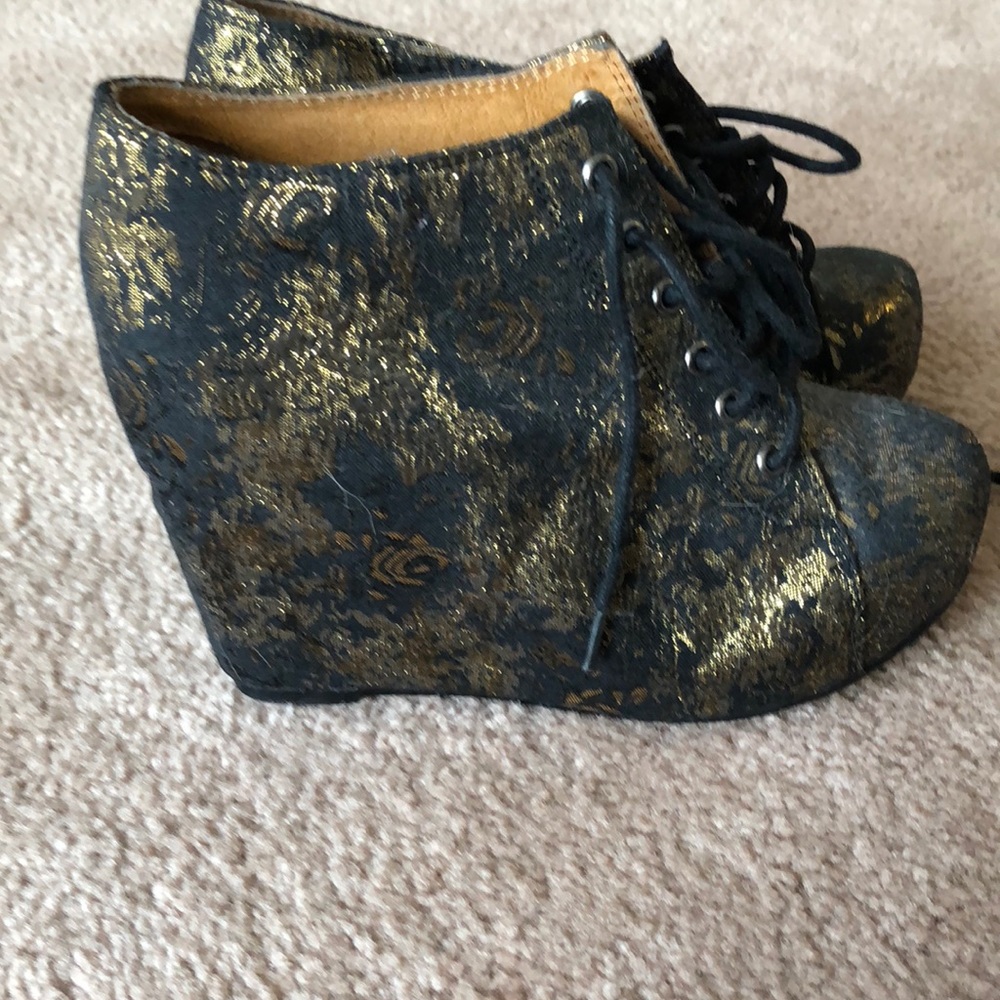 Gold and black wedge booties